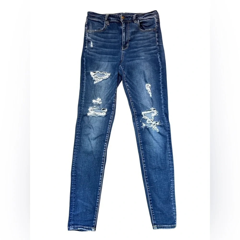 American Eagle Outfitters Ripped Blue Skinny Jeans Jeggings 10 Long 10L - Picture 1 of 5